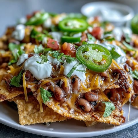 Golden-baked tortilla chips loaded with black-eyed peas, melted cheddar, and spicy jalapeños, ready for game day.