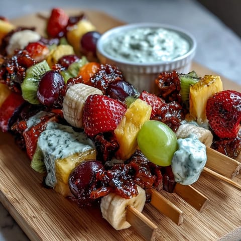 Vibrant fruit skewers and creamy yogurt dip in a colorful bento box, perfect for fun kid lunches with healthy sides.  