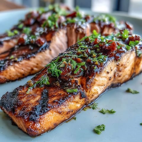 Grilled salmon fillets topped with vibrant strawberry salsa, bursting with sweet and tangy flavors. A perfect light dinner for spring evenings.