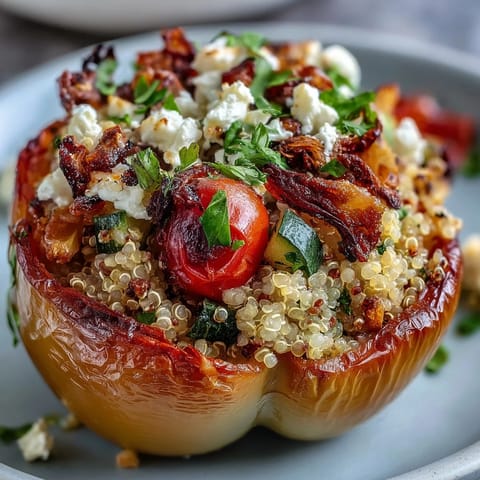 Vibrant stuffed bell peppers filled with herbed quinoa, fresh vegetables, and optional feta cheese, baked until tender.