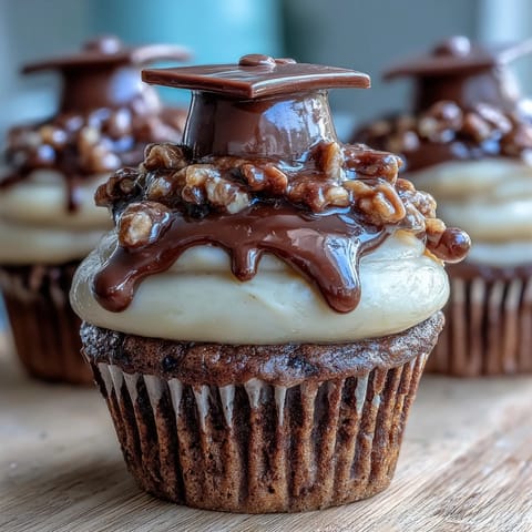 Adorable graduation cupcakes topped with chocolate cap toppers and candy tassels, perfect for celebrating achievements.