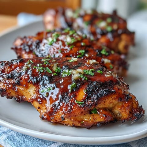 Honey garlic grilled chicken thighs with a glossy glaze on a charcoal grill, surrounded by fresh herbs and lemon wedges.