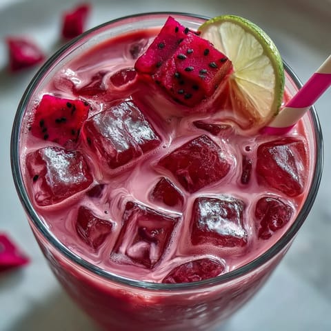 Refreshing dragon fruit and coconut milk refresher, vibrant pink and creamy, served over ice with fresh fruit slices.