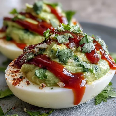Vibrant green avocado filling in classic deviled egg whites, topped with zesty Sriracha for a bold flavor kick.  