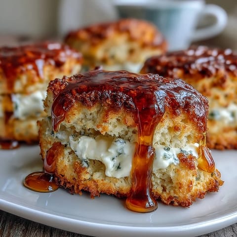 Golden scones infused with floral dandelion honey, served with a generous dollop of clotted cream for a delightful afternoon tea treat.
