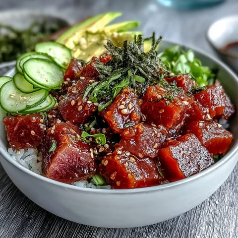 Fresh tuna poke bowl with crisp cucumber, radish, and creamy avocado in zesty ponzu sauce.