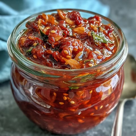 A rich, tangy fermented hot sauce with deep red hues and a smooth texture, perfect for tacos and eggs.  