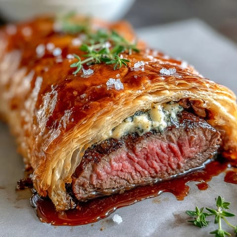 Golden puff pastry-wrapped beef filet medallions with mushroom duxelles and prosciutto, perfect for elegant dinner parties.