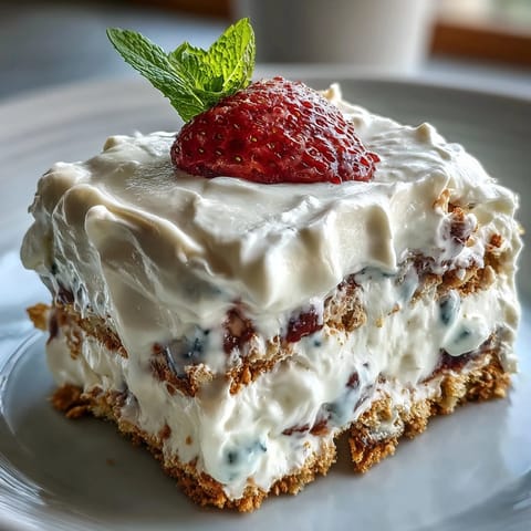 A no-bake icebox cake with layers of whipped cream, graham crackers, and fresh strawberries, perfect for Memorial Day gatherings.