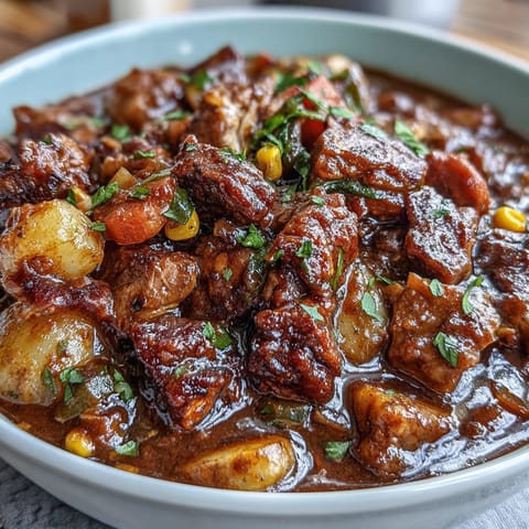Rich Southern Kentucky Derby Burgoo featuring beef, pork, and chicken with a colorful mix of vegetables.  