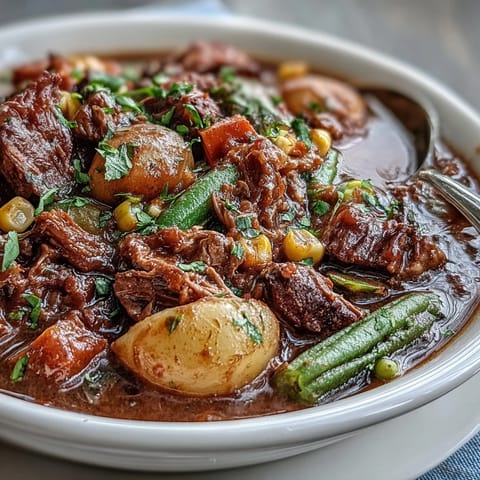 Hearty Kentucky Derby Burgoo Stew with tender meats and vegetables, simmered to perfection in a savory broth.  