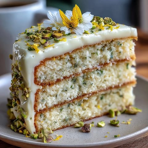 Vibrant lemon pistachio layered cake with zesty lemon sponge and creamy frosting, decorated with chopped pistachios and lemon zest for a spring birthday celebration.