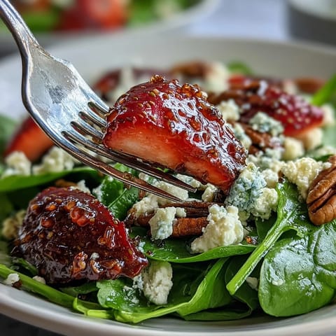 Fresh strawberry spinach salad with creamy goat cheese, toasted pecans, and balsamic vinaigrette, perfect for spring.  