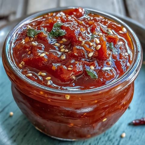 A vibrant jar of homemade fermented hot sauce with chili peppers, garlic, and carrot, ready to add heat to any dish.  