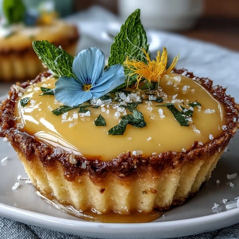A golden tart shell filled with tangy lemon curd and topped with colorful edible flowers for a fresh spring dessert.