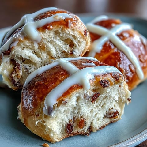 Soft, golden homemade hot cross buns with warm spices, juicy raisins, and a glossy apricot glaze—perfect for Easter brunch.