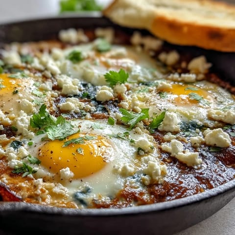 Aromatic Spinach and Feta Shakshuka featuring perfectly cooked eggs nestled in a rich, smoky tomato and spinach base.  