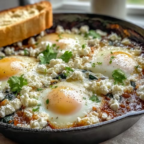 Spinach and Feta Shakshuka with vibrant poached eggs in spiced tomato sauce, topped with creamy feta and fresh herbs.  