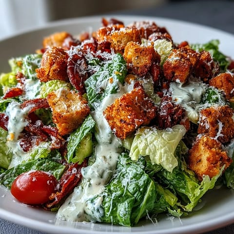 Healthy vegan Caesar salad with creamy dressing and irresistible spiced chickpea croutons.