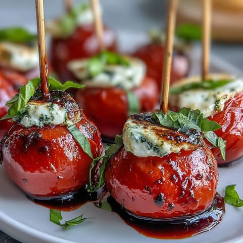 Balsamic drizzled Caprese skewers, glistening with ripe tomatoes and creamy mozzarella.
