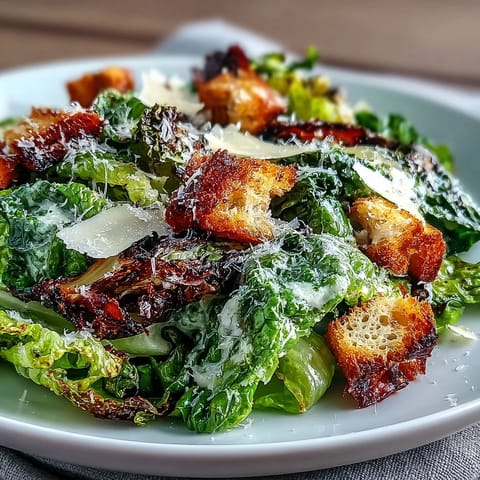 Warm, charred romaine hearts topped with Caesar dressing and croutons.