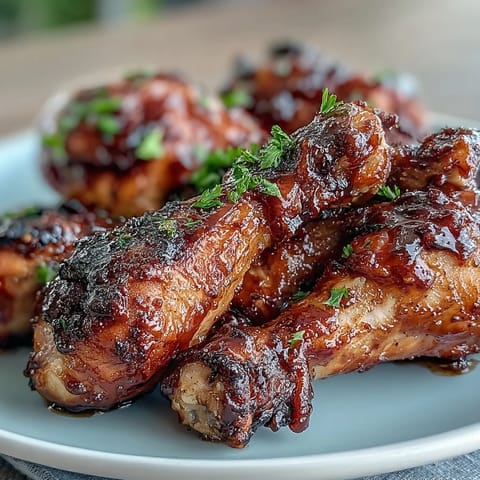 Tender BBQ chicken drumsticks, coated in a sticky, sweet peach glaze.