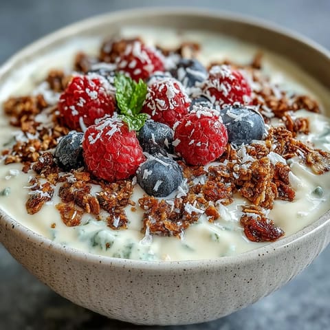 Thick skyr protein smoothie bowl crowned with fresh berries and crunchy granola.