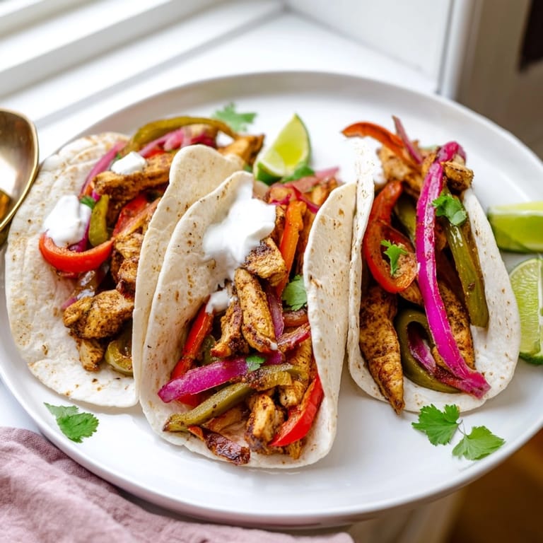 Homemade Chicken Fajitas with Lime Crema: golden brown chicken and veggies ready to be served in tortillas.