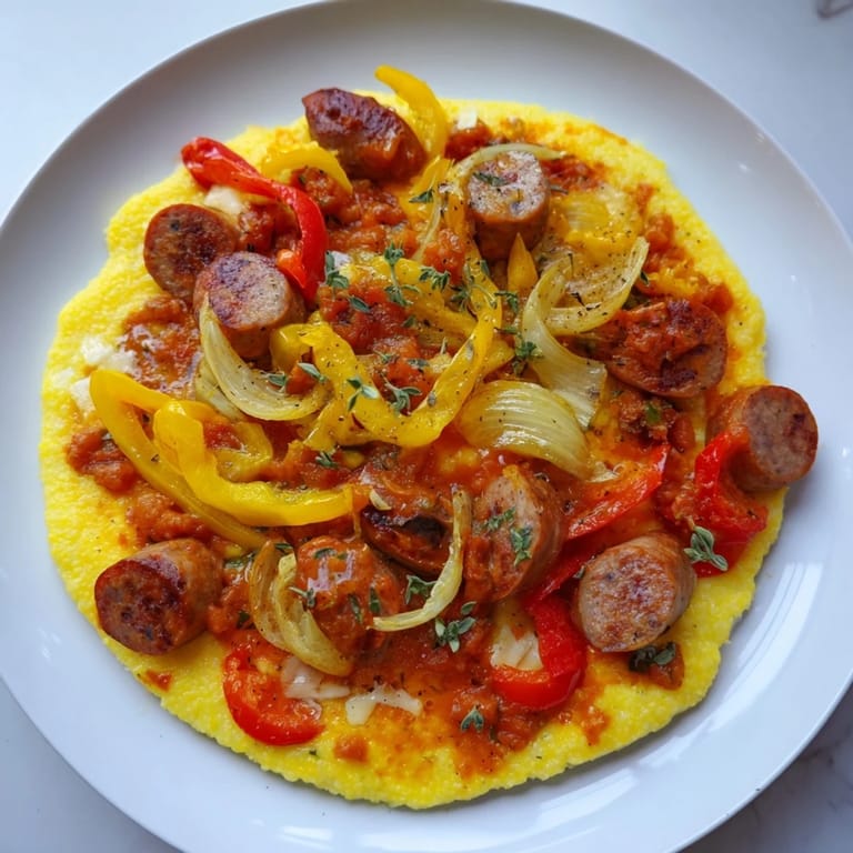 Sizzling Herb-Cozy Skillet Sausage and Peppers with Creamy Polenta, topped with fresh parsley: a flavorful, comforting dinner.