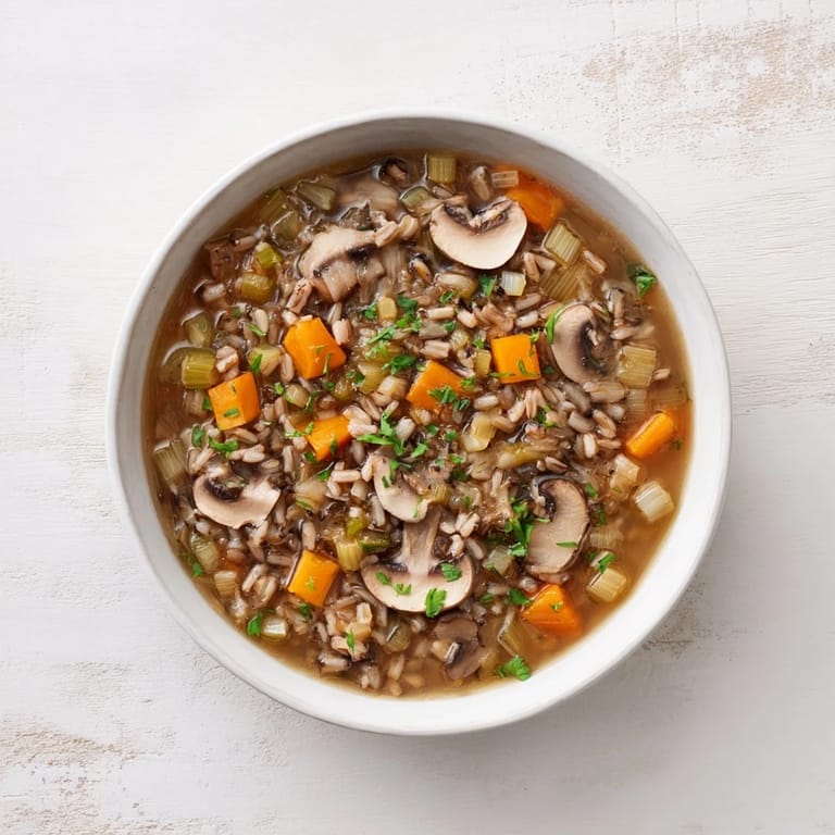 Hearty and rustic Wild Mushroom and Barley Soup boasts a savory aroma and comforting texture.