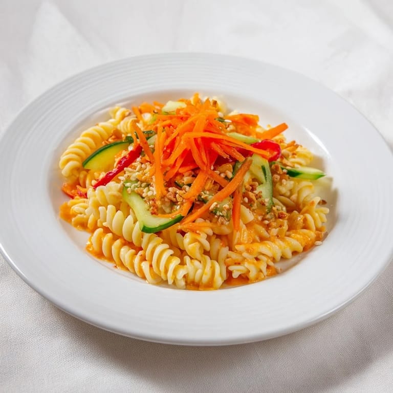 A refreshing bowl of Spicy Peanut Noodle Salad, featuring bright red bell peppers and crunchy peanuts.