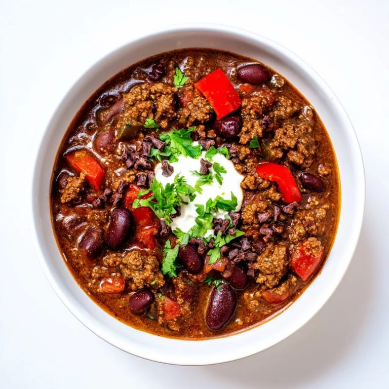 Imagine the amazing aroma of this comforting one-pot cozy chocolate chili, ready for a chilly evening with friends.