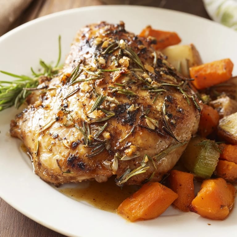 Juicy Roast Chicken with rosemary and garlic, served with roasted vegetables for a complete meal.