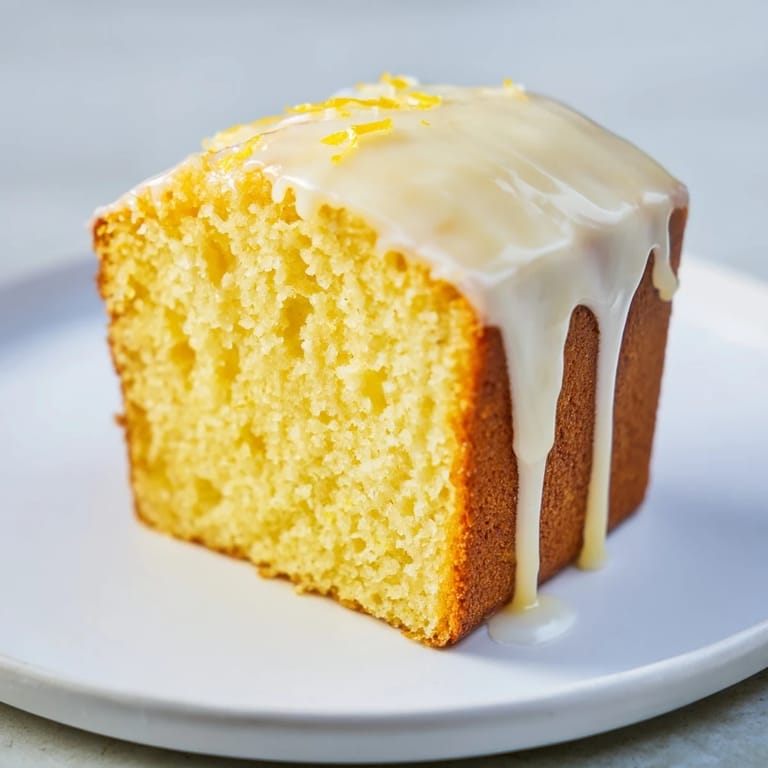 Close-up of a golden-brown lemon loaf cake, showcasing the moist texture and glaze.