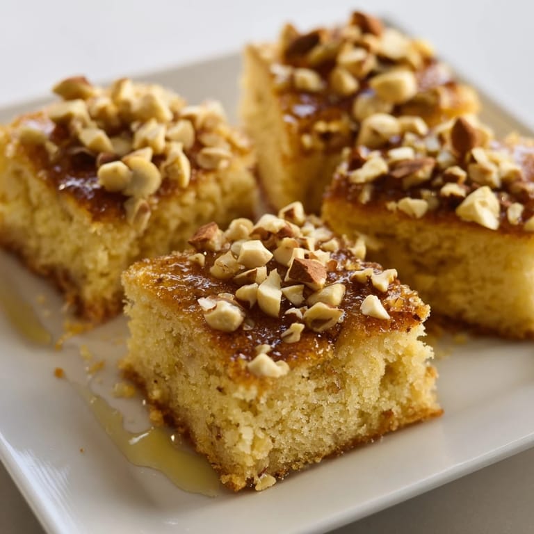 View of baked Light Sweet Hazel Treats: Hazelnut and Honey Cake Squares, topped with scattered roasted hazelnuts and ready to serve.