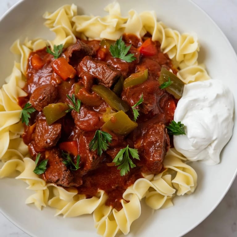 Hearty Hungarian Goulash stew, a rich, flavorful dish with steaming noodles, perfect for a cozy supper.