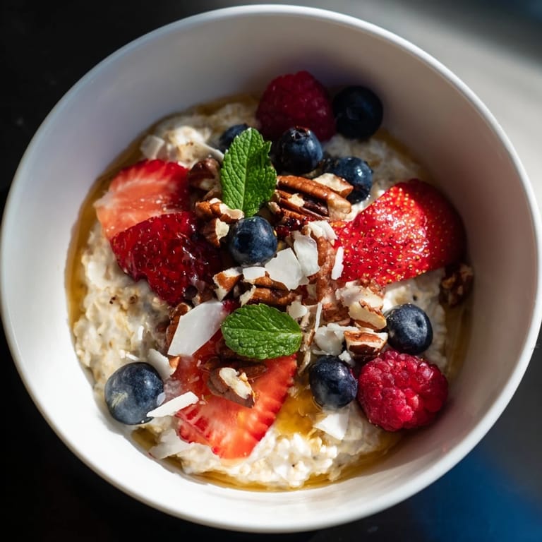 Vibrant colors: chilled overnight oats with berries and honey, a satisfying and delicious cold breakfast idea.