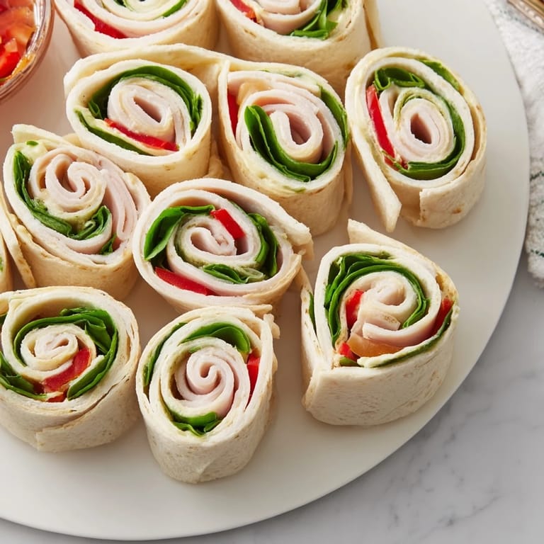 Savory Turkey and Provolone Pinwheels showcase tender turkey, cheese and fresh vegetables.