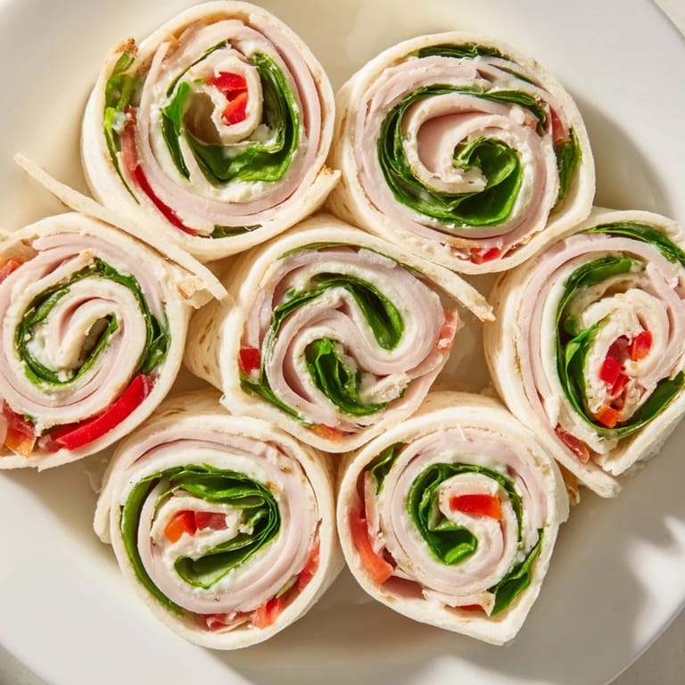 Bite-sized Turkey and Provolone Pinwheels reveal a delightful spiral cut, perfect for snacking.