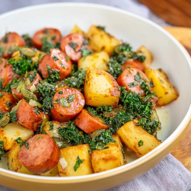 Smoky kielbasa and tender cabbage hash, a comforting Midwestern recipe ready for serving.