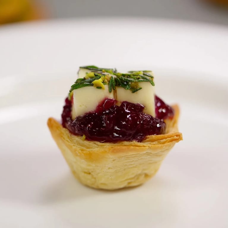 This gorgeous Mini Cranberry Brie Tart Wreath appetizer showcases baked tartlets garnished with fresh rosemary.