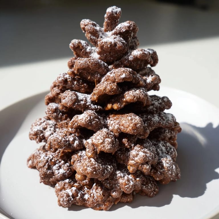 Homemade pinecone-shaped nut butter snacks: delightful, gluten-free treats coated in a chocolatey cereal.