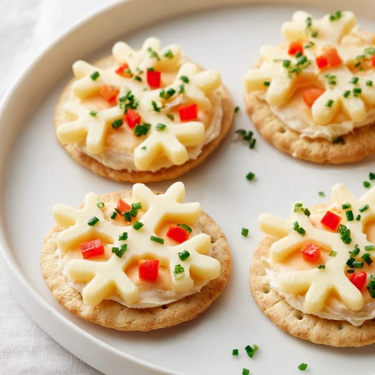 Close-up of elegant Savory Bites: Cracker and Cheese Snowflake, perfect for a party, featuring colorful garnishes.