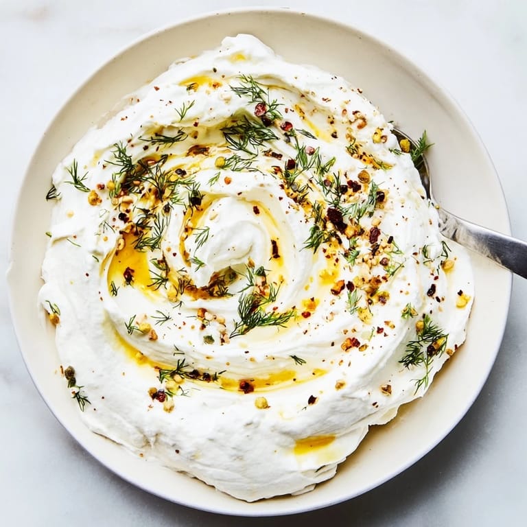 A close-up of the flavorful Angel Wings Whipped Feta Dip with fresh herbs and olive oil.
