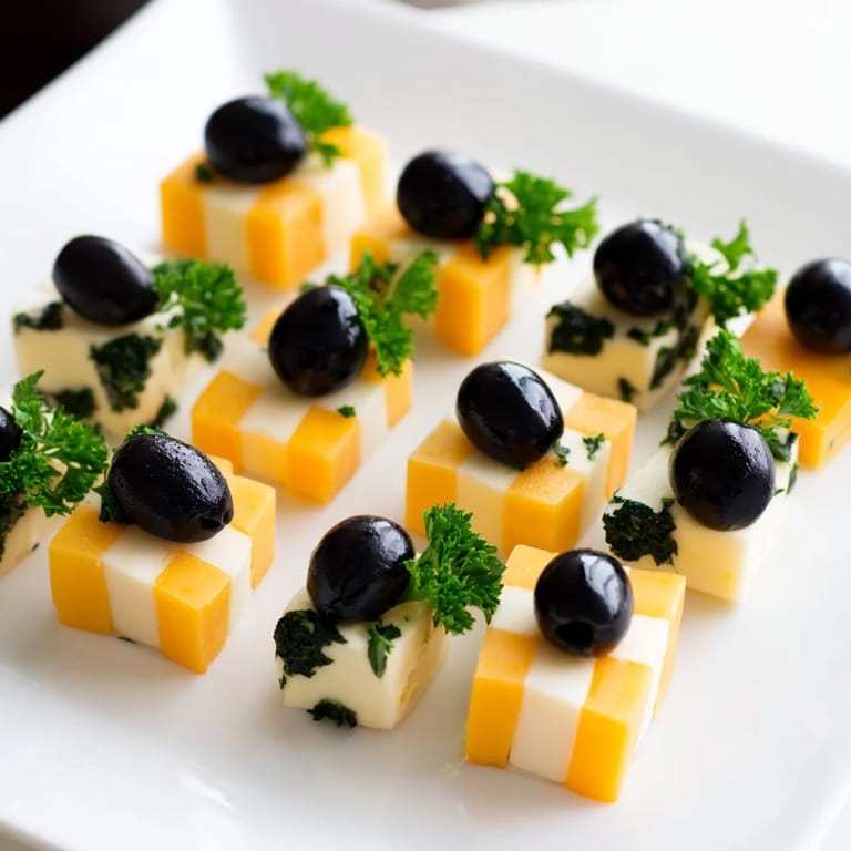 Salty green and black olives are paired with cheddar and mozzarella in this cheese and olive chessboard.
