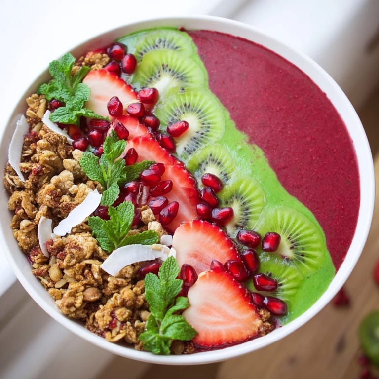 A vibrant top-down view of Festive Red and Green Smoothie Bowls, perfect for a healthy and delicious brunch option.