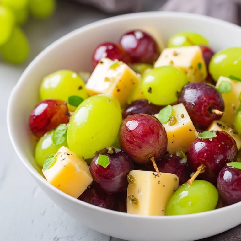 Bright red grapes and golden cheese cubes on Sparkling Grape and Cheese Skewers, a delightful party snack with fizz.