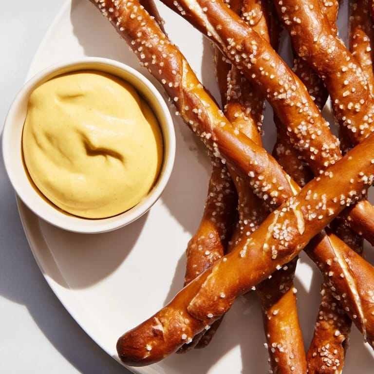 Crispy pretzel rods served with a creamy hot mustard dip, perfect for sharing at a gathering.