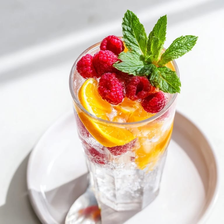 Close-up of Sparkling Juice with Raspberries, showing glistening raspberries and orange slices.