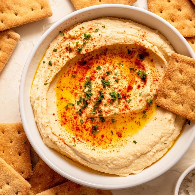 Freshly baked rosemary crackers from our recipe, presented with flavorful homemade hummus.